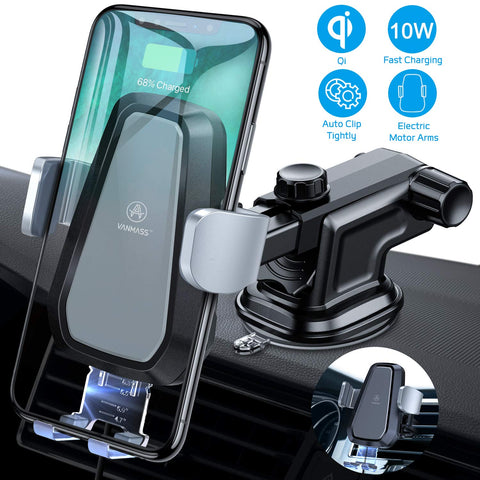 VANMASS Wireless Car Charger Mount, Automatic Clamping Qi 10W 7.5W Fast Charging 5W Car Mount, Windshield Dashboard Air Vent Phone Holder Compatible with iPhone Xs Max XR 8, Samsung S10 S9 S8 Note 9
