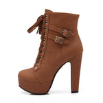 Susanny Women Autumn Round Toe Lace Up Ankle Buckle Chunky High Heel Platform Knight Brown Martin Boots 7 B (M) US (CN Size_39)