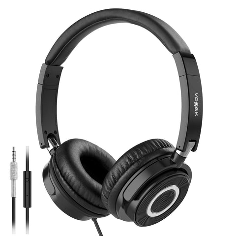 On Ear Headphones with Mic, Vogek Lightweight Portable Fold-Flat Stereo Bass Headphones with 1.5M Tangle Free Cord and Microphone-Black