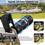 Phone Camera Lens, OYRGCIK 5 in 1 Phone Lens Kit 12X Zoom Telephoto Lens with Telescope + Fisheye Lens + Wide Angle Lens + Macro Lens Compatible with iPhone X XS Max 8 7 Plus Samsung S10 S10e S9 S8
