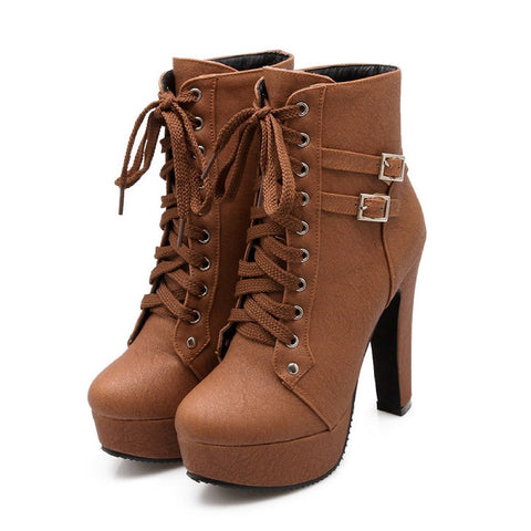 Susanny Women Autumn Round Toe Lace Up Ankle Buckle Chunky High Heel Platform Knight Brown Martin Boots 7 B (M) US (CN Size_39)