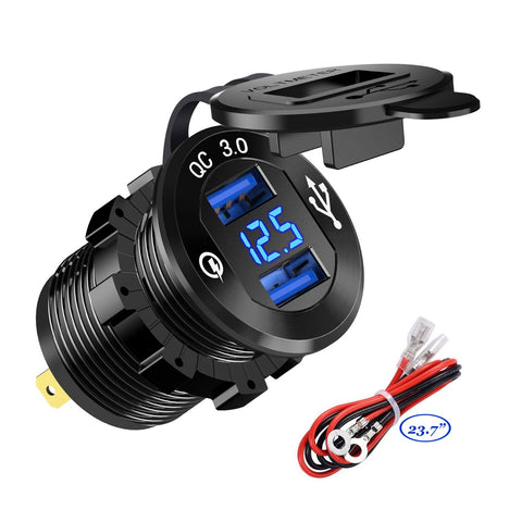 YonHan Quick Charge 3.0 Dual USB Charger Socket, Waterproof Aluminum Power Outlet Fast Charge with LED Voltmeter & Wire Fuse DIY Kit for 12V/24V Car Boat Marine ATV Bus Truck and More