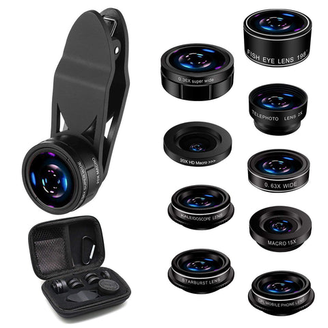 AiKEGlobal - Phone Lens with 9 in 1 Wide Angle Lens, Macro Lens, Fisheye Lens, 2X Telephoto Lens, CPL Lens, Starbrust and Kaleidoscope Lens Phone Camera Lens Kit for iPhone, Samsung, Most Smartphone