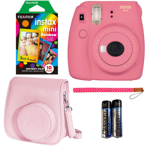 Fujifilm Instax Mini 9 Instant Camera - Flamingo Pink, Fujifilm Instant Mini Rainbow Film, and Fujifilm Instax Groovy Camera Case - Pink