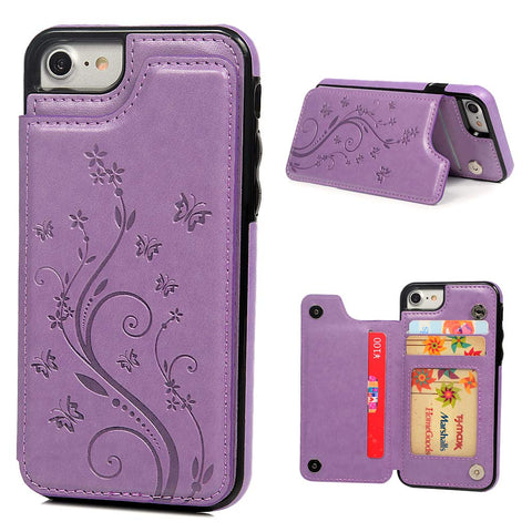iPhone 7 Card Holder Case, iPhone 8 Wallet Case Embossed Butterfly Slim Folio Leather Cover Shockproof Shell with Credit Card Slot Protective Skin for iPhone 7 & 8, Purple