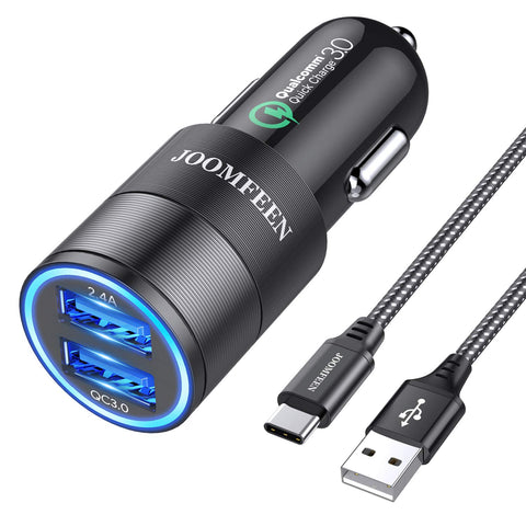 USB Type C Car Charger, JOOMFEEN Qualcomm Quick Charger 3.0+2.4A 30W Rapid Dual Port USB Car Charger Adapter with 3FT/1M USB C Cable for Samsung Galaxy Note 9/S9/S9 Plus,Note 8/S8/S8 Plus,LG G5,G6,V20