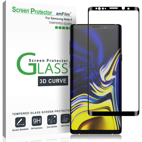 amFilm Glass Screen Protector for Samsung Galaxy Note 9, Full Screen Coverage Screen Protector, 3D Curved Tempered Glass, Dot Matrix with Easy Installation Tray (Black)