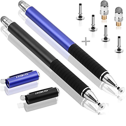 MEKO(TM) (2 Pcs)[2 in 1 Precision Series] Disc Stylus/Styli Bundle with 4 Replaceable Disc Tips, 2 Replaceable Fiber Tips for All Touch Screen Devices - (Black/Blue)