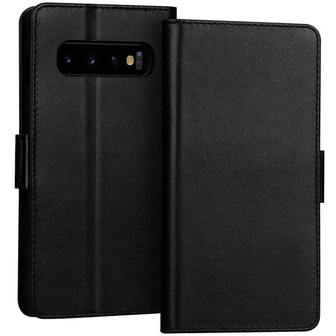 FYY Samsung Galaxy S10+ Plus 6.4" Luxury [Cowhide Genuine Leather][RFID Blocking] Handcrafted Wallet Case, Handmade Flip Folio Case with [Kickstand Function] and[Card Slots] for Galaxy S10+ Plus Black