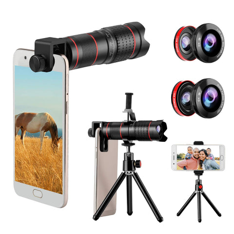 Phone Camera Lens, 5 in 1 Cell Phone Lens Kit 15X Telephoto Zoom Lens + Wide Angle + Fisheye + Macro Lens(2 Lens) Compatible with iPhone Samsung Android and Most Smartphones