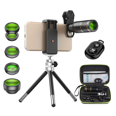 Apexel Cell Phone Camera Lens Kit -Remote Shutter+ Phone Tripod+ 6 in 1 Phone Lens -Metal 16X Telephoto Zoom Lens/Wide Angle/Macro/Fisheye/Kaleidoscope/CPL for iPhone X 8 7 6 Plus Samsung Smartphone
