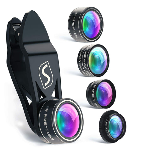 SVIT Phone Camera Lens Kit - 5 in 1 Optical Glass Mobile Attachment Set - 2X Zoom Telephoto, 198 Fisheye, 0.63X Wide Angle, 15X Macro, CPL Filter and Universal Clip Adapter for Cell Phones and Tablets