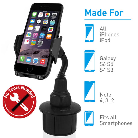 Macally Adjustable Automobile Cup Holder Phone Mount for iPhone Xs XS Max XR X 8 8+ 7 7 Plus 6s Plus 6s SE Samsung Galaxy S9 S9+ S8 S7 Edge S6 S5 Note 5, Xperia iPod, Smartphones, MP3, GPS (MCUPMP)