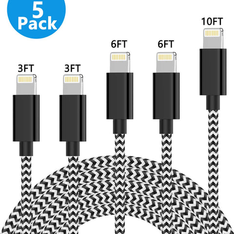 TNSO MFi Certified Lightning Cable 3FT 3FT 6FT 6FT 10FT Extra Long Nylon Braided USB Fast Charging& Syncing Cord Compatible iPhone Charger Xs MAX XR X 8 (Black and White) (Black and Whtie)