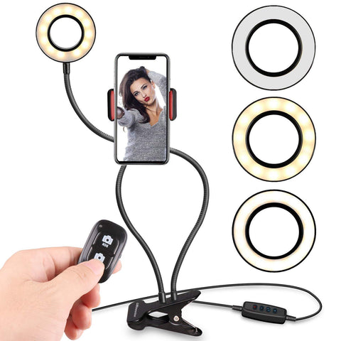 Selfie Ring Light with Cell Phone Holder Stand for Live Stream & Makeup Including Selfie Remote Shutter, UBeesize LED Camera Light with Flexible Long Arms, Compatible with Android Phone iPhone