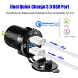 YonHan Quick Charge 3.0 Dual USB Charger Socket, Waterproof Aluminum Power Outlet Fast Charge with LED Voltmeter & Wire Fuse DIY Kit for 12V/24V Car Boat Marine ATV Bus Truck and More