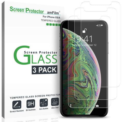 amFilm Glass Screen Protector for iPhone XS / X (5.8 Inch)(3 Pack) iPhone 10s / 10 Tempered Glass with Easy Installation Tray