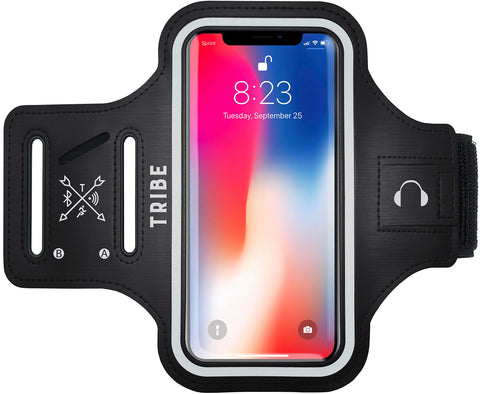 TRIBE Phone Armband, Cell Phone Holder for Running with Key Holder, Fits iPhone Xs MAX/XR/8+/7+/6+ Galaxy S9+/S8+/Note and Similar Sized Large Phones, Black