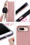 ULAK iPhone 8 Plus Case, iPhone 7 Plus Wallet Case, Rose Gold Floral PU Leather Wallet Case with Kickstand Card Holder ID Slot and Hand Strap Shockproof Rubber Cover for iPhone 7 Plus/8 Plus