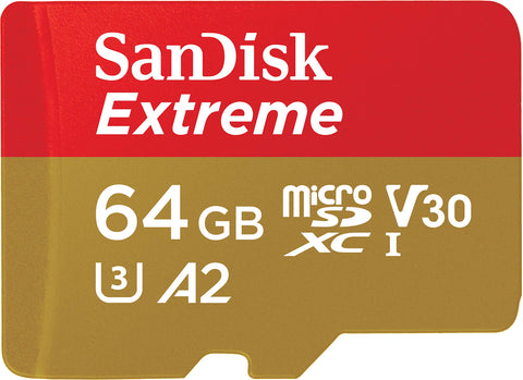 SanDisk 64GB Extreme microSDXC UHS-I Memory Card with Adapter - C10, U3, V30, 4K, A2, Micro SD - SDSQXA2-064G-GN6MA