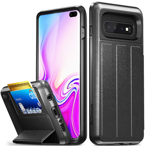 Vena Galaxy S10 Plus Wallet Case, [vCommute] [Military Grade Drop Protection] Flip Leather Cover Card Slot Holder Compatible with Galaxy S10 Plus - Space Gray (PC) / Black (TPU) / Black (Leather)