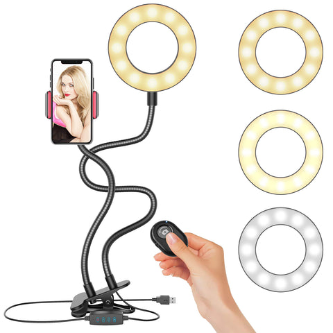 Selfie Ring Light, Upgraded Ring Light with Wireless Remote and Cell Phone Holder Stand for Live Stream/Makeup, LED Camera Light 3 Light Modes 10-Level Brightness 360° Rotating for iPhone and Android