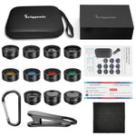 Phone Camera Lens,11 in 1 Cell Phone Lens Kit for iPhone and Android, 0.36X Wide Angle Lens+198°Fisheye Lens+20X Macro Lens+Zoom Telephoto Lens+CPL+Kaleidoscope Lens+Starburst Lens+4 Color Filter Lens