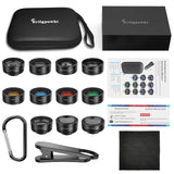 Phone Camera Lens,11 in 1 Cell Phone Lens Kit for iPhone and Android, 0.36X Wide Angle Lens+198°Fisheye Lens+20X Macro Lens+Zoom Telephoto Lens+CPL+Kaleidoscope Lens+Starburst Lens+4 Color Filter Lens