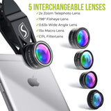 Phone Camera Lens Kit - 5 in 1 Universal Set for iPhone, Samsung, Smartphones and Tablets - 2X Zoom Telephoto, 198 Fisheye, 0.63X Wide Angle, 15X Macro, CPL Filter Lens for Cell Phones