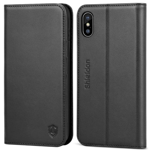 iPhone Xs Max Case, SHIELDON Genuine Leather iPhone Xs Max Wallet Case [Auto Wake/Sleep] [RFID Blocking] Credit Card Slot Flip Magnetic Stand Case Compatible with iPhone Xs Max (6.5" 2018) - Black