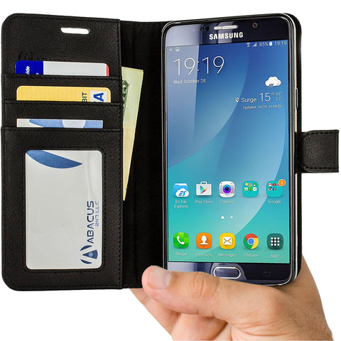 Note 5 Case, Abacus24-7 Samsung Galaxy Note 5 Wallet with Flip Cover and Stand, Black