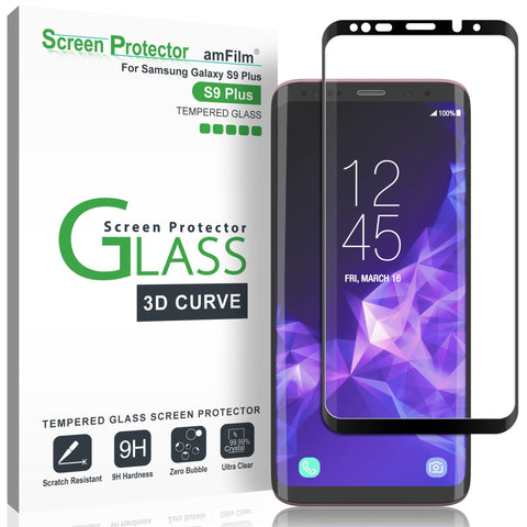 amFilm Glass Screen Protector for Samsung Galaxy S9 Plus, 3D Curved Tempered Glass, Dot Matrix with Easy Installation Tray, Case Friendly (Black)