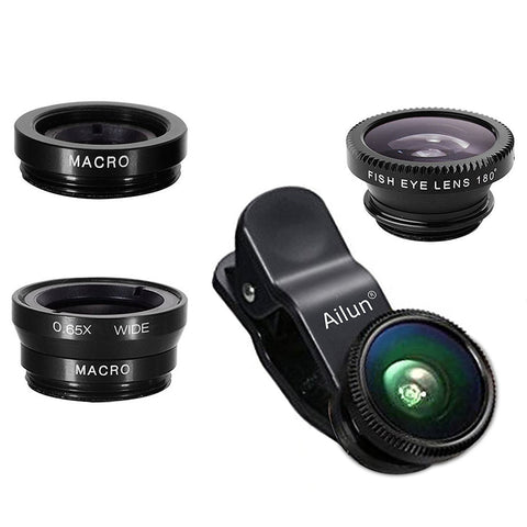 iPhone Lens,by Ailun,3 in 1 Clip On 180 Degree Fish Eye Lens+0.65X Wide Angle+10X Macro Lens,Universal HD Camera Lens Kit for iPhone 7/6s/6s Plus/6/SE/5/5s,Samsung,BlackBerry,Mobile Phone [Black]