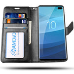 AMOVO Case for Galaxy S10 Plus/S10+ (6.4’’) [2 in 1] Samsung Galaxy S10 Plus Wallet Case Detachable [Vegan Leather] [Wrist Strap] S10+ Flip Case with Gift Box Package (S10Plus (6.4'') Black)