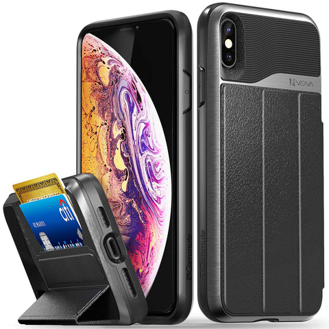 Vena vCommute iPhone Xs Max Wallet Case, [Military Grade Drop Protection] Flip Leather Cover Card Slot Holder with Kickstand Compatible with Apple iPhone Xs Max (Space Gray/Black)
