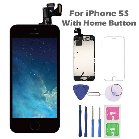 for iPhone 5S Screen Replacement with Home Button, Arotech 4.0 Inch Full Assembly LCD Display Digitizer Touch Screen with Repair Tool Kit and Tempered Glass (i5S Black)