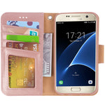 Arae Case Compatible for Samsung Galaxy s7, [Wrist Strap] Flip Folio [Kickstand Feature] PU Leather Wallet case with ID&Credit Card Pockets (Rosegold)