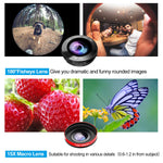Phone Camera Lens, 5 in 1 Cell Phone Lens Kit 15X Telephoto Zoom Lens + Wide Angle + Fisheye + Macro Lens(2 Lens) Compatible with iPhone Samsung Android and Most Smartphones