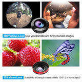 Phone Camera Lens, 5 in 1 Cell Phone Lens Kit 15X Telephoto Zoom Lens + Wide Angle + Fisheye + Macro Lens(2 Lens) Compatible with iPhone Samsung Android and Most Smartphones