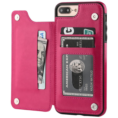 iPhone 7 Plus iPhone 8 Plus Wallet Case with Card Holder,OT ONETOP Premium PU Leather Kickstand Card Slots Case,Double Magnetic Clasp and Durable Shockproof Cover 5.5 Inch(Pink)