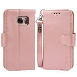 Arae Case Compatible for Samsung Galaxy s7, [Wrist Strap] Flip Folio [Kickstand Feature] PU Leather Wallet case with ID&Credit Card Pockets (Rosegold)
