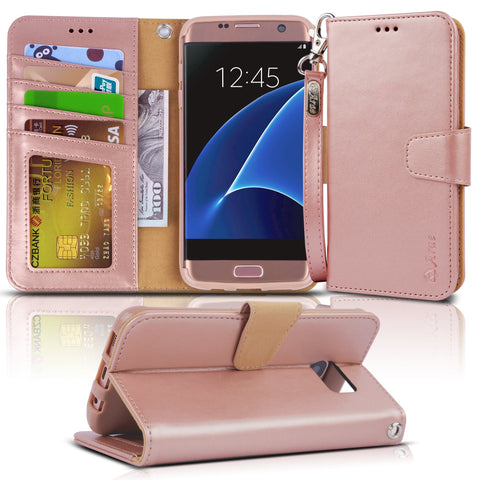 Arae Case Compatible for Samsung Galaxy s7 Edge, [Wrist Strap] Flip Folio [Kickstand Feature] PU Leather Wallet case with ID&Credit Card Pockets (Rosegold)