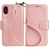 Arae Case for iPhone X/Xs, Premium PU Leather Wallet Case [Wrist Straps] Flip Folio [Kickstand Feature] with ID&Credit Card Pockets for iPhone X (2017) / Xs (2018) 5.8" (not for Xr) - Rose Gold