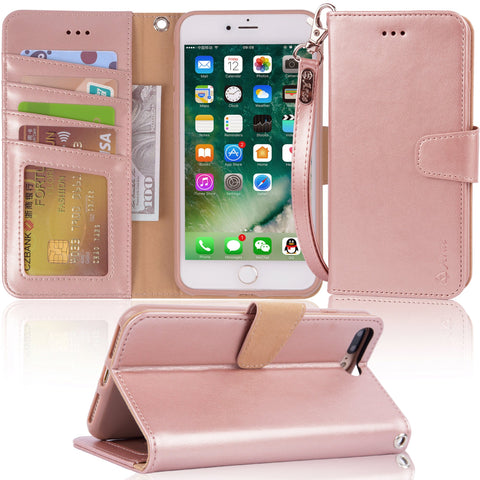 Arae Case For iPhone 7 plus / iPhone 8 plus, Premium PU leather wallet Case with Kickstand and Flip Cover for iPhone 7 Plus (2016) / iPhone 8 Plus (2017) 5.5" (not for iphone 7/8) - Rose Gold