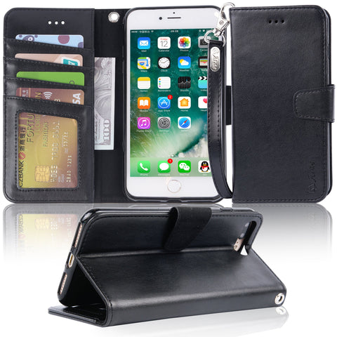 Arae Case for iPhone 7 Plus/iPhone 8 Plus, Premium PU Leather Wallet Case with Kickstand and Flip Cover for iPhone 7 Plus (2016) / iPhone 8 Plus (2017) 5.5" (not for iPhone 7/8) - Black