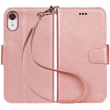 Arae Wallet Case Designed for iPhone xr 2018 PU Leather flip case Cover [Stand Feature] with Wrist Strap and [4-Slots] ID&Credit Cards Pocket for iPhone Xr 6.1" - Rose Gold