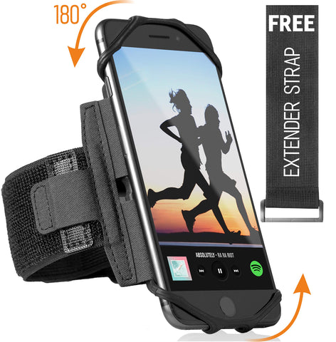 Premium Sports Running Armband for All Phones: iPhone X XR XS Max 8 Plus 7 Plus 6, Samsung Galaxy A8 S9 S8 S6 Edge, LG, HTC, Pixel; 180° Rotatable Universal Cellphone Holder + Free Extender Strap