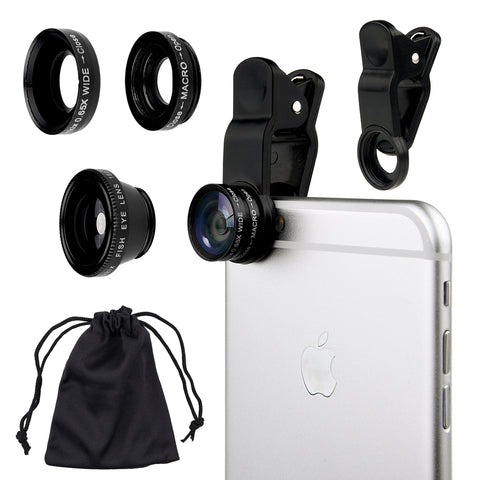 Camkix Universal 3 in 1 Cell Phone Camera Lens Kit - Fish Eye Lens / 2 in 1 Macro Lens & Wide Angle Lens / Universal Clip (Black)