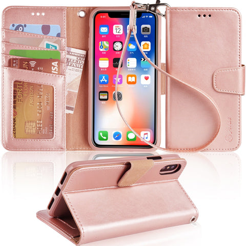 Arae Case for iPhone X/Xs, Premium PU Leather Wallet Case [Wrist Straps] Flip Folio [Kickstand Feature] with ID&Credit Card Pockets for iPhone X (2017) / Xs (2018) 5.8" (not for Xr) - Rose Gold