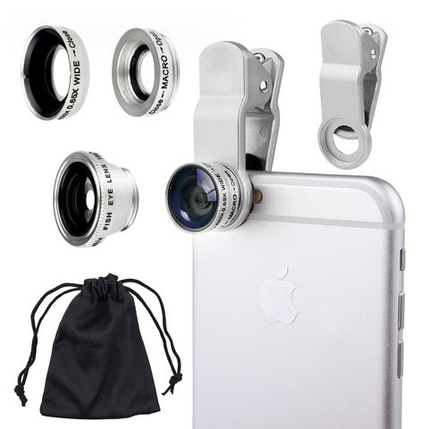 Universal 3 in 1 Camera Lens Kit for Smart phones (including iPhone, Samsung Galaxy, HTC, Motorola and More), Tablets, iPad, and Laptops includes One Fish Eye Lens / One 2 in 1 Macro Lens and Wide Angle Lens / One Universal Clip / One Microfiber Carrying